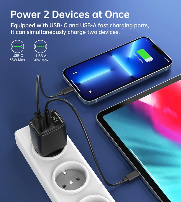 Choetech PD6052 Caricatore da muro USB-C USB-A PD 35W GaN con display - nero