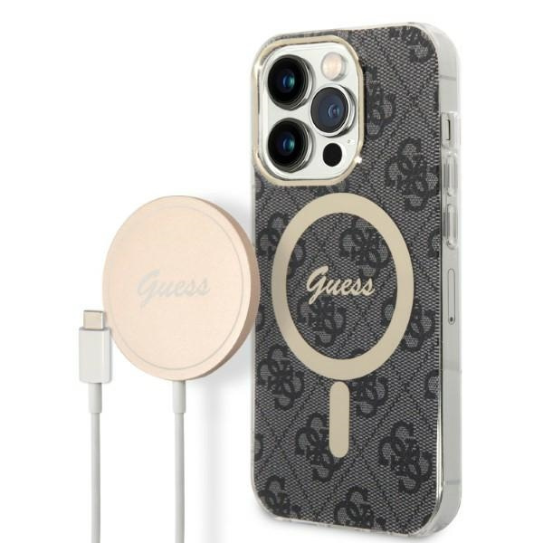 Kit Telefontok Guess Case+ töltő iPhone 14 Pro 6.1" fekete/fekete kemény case 4G nyomtatás MagSafe