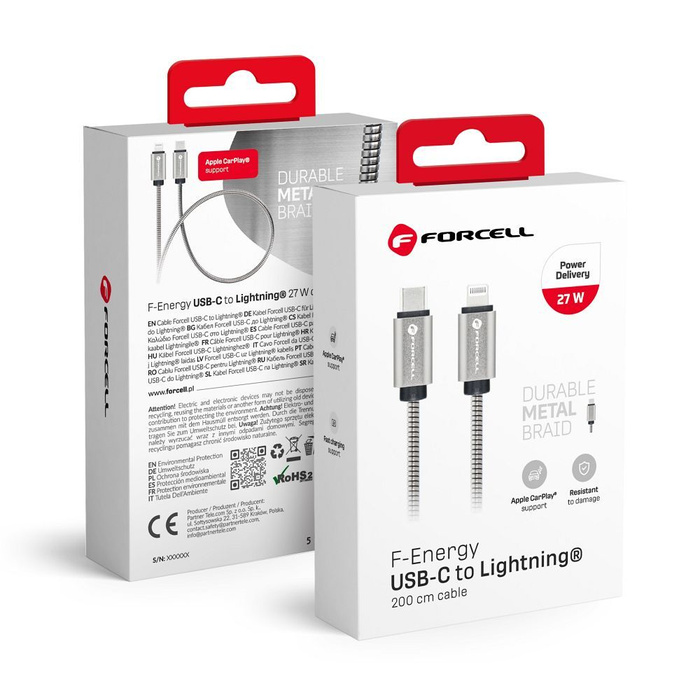 Kabel USB C do Lightning Forcell F-Energy PD 3A 27W Metal 2 m C238 srebrny
