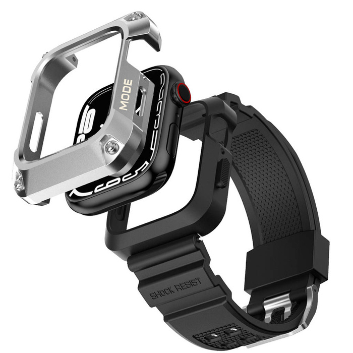 Kingxbar CYF134 Bracelet 2en1 pour Apple Watch Ultra, SE, 8, 7, 6, 5, 4, 3, 2, 1 (49, 45, 44, 42 mm) avec boîtier intégré en acier inoxydable Argent