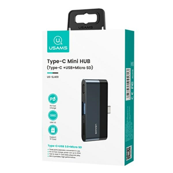 USAMS Adaptér HUB USB 3.0 / USB-C / Micro SD šedá / šedá SJ491HUB01 (US-SJ491)