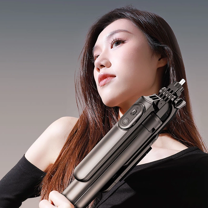 Selfie Stick WH181D-Y1S Teleskopstativ 1,75 m aus Aluminiumlegierung mit Dual-Licht und Telefonhalter – Schwarz