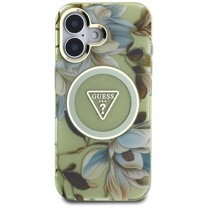 Etui Guess Glitter Flowers Triangle       Buttons MagSafe do iPhone 16 zielony