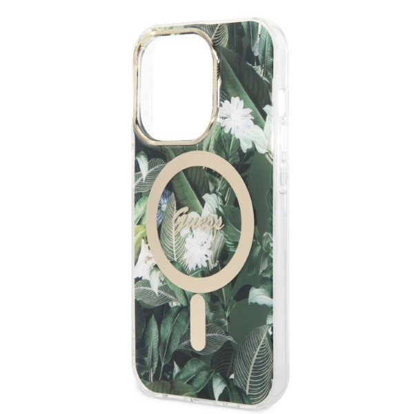Kit Cover Guess Case+ Caricabatterie iPhone 14 Pro Max 6,7" verde/verde duro case Jungle MagSafe
