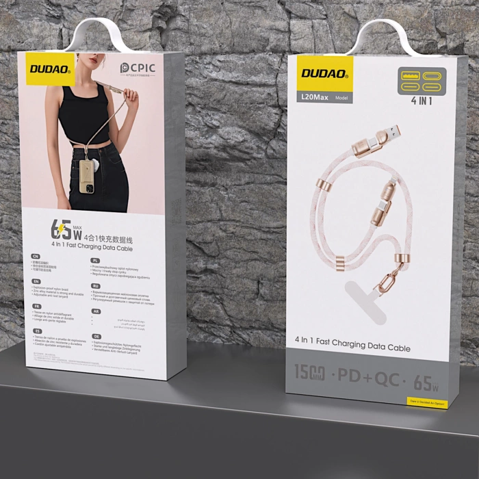 Dudao L20MAX 4in1 Kabel / Lanyard USB-A / USB-C / Lightning PD QC 65W 1.5m - Rosa