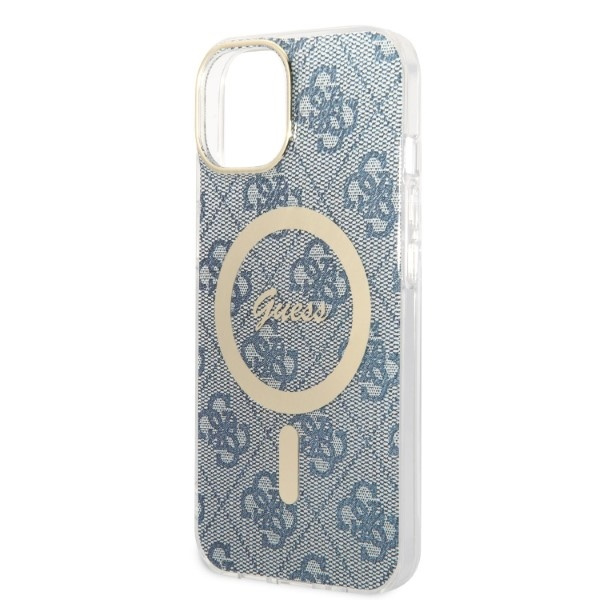 Sada Pouzdro Guess Case+ nabíječka iPhone 14 6,1" modrá/modrá pevná case 4G Print MagSafe
