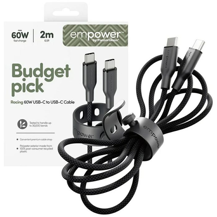 Kabel empower by PanzerGlass Racing 60W  USB-C do USB-C 2m czarny