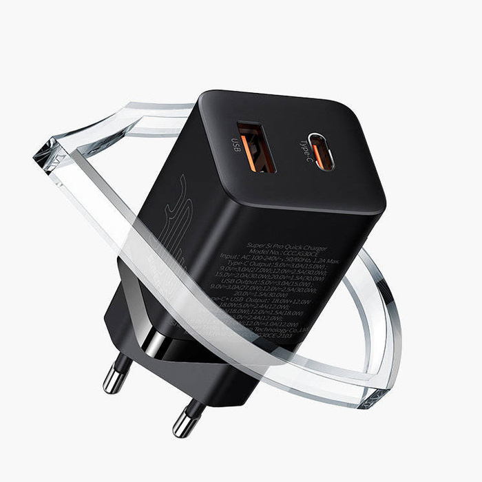 Baseus Super Pro Schnellladegerät USB / USB Typ C 30W Power Delivery Quick Charge schwarz (CCSUPP-E01)