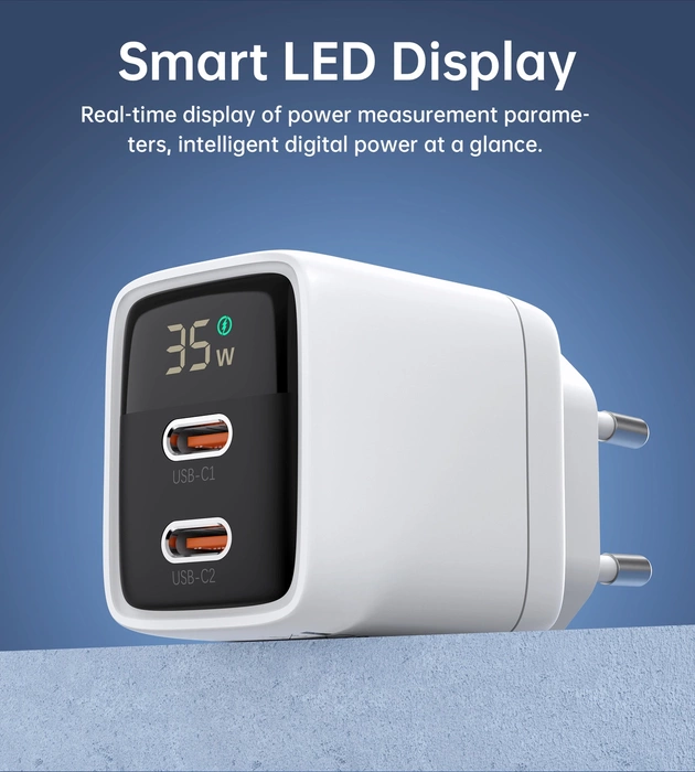 Choetech PD6051 2x USB-C PD 35W GaN nástěnná nabíječka s displejem - bílá