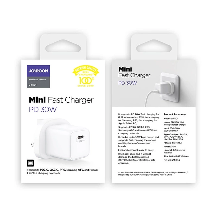 Joyroom USB Typ C / USB-Wandladegerät 30 W Power Delivery Quick Charge 4,5 A (UK-Stecker) weiß (L-QP303)