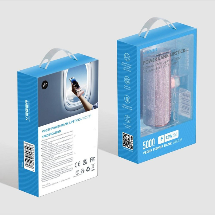 VEGER powerbank 5000 mAh z wbudowanym złączem Lightning PD QC3.0 2,4A 12W PlugOn (W0573P) rózowy