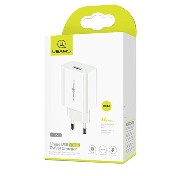 USAMS Charg. 1xUSB T22 18W 3A QC3.0 + kabel USB-C 1m weiß/weiß T48OCLN01