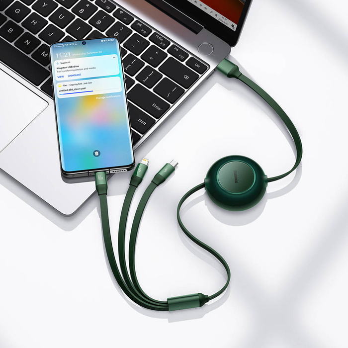 Baseus Bright Mirror 2 cable retráctil 3en1 USB tipo A - micro USB + Lightning + USB tipo C 66W 1,1m verde (CAMJ010106)