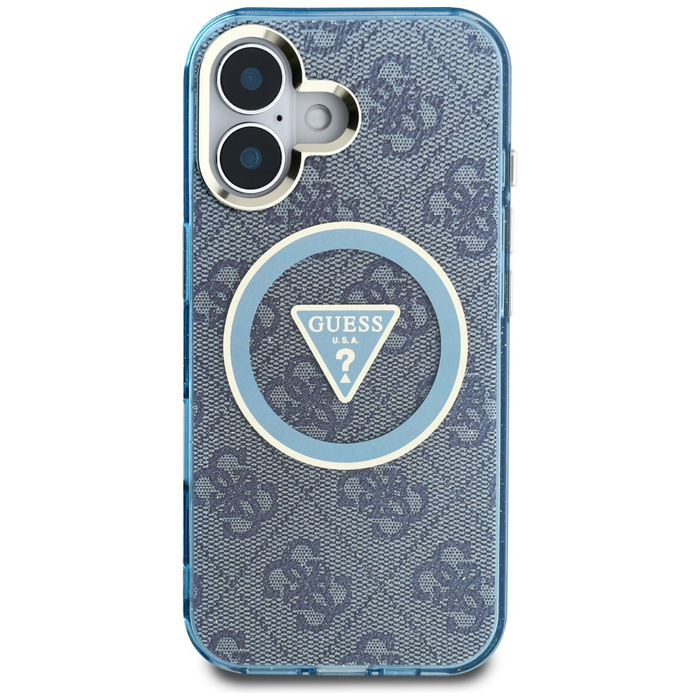 Etui Guess IML Metal Glitter 4G Circle   Triangle MagSafe do iPhone 16 niebieski