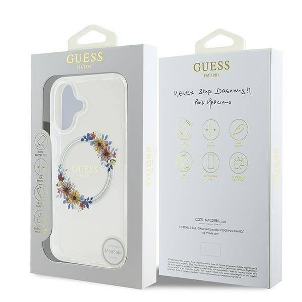 Etui Guess iPhone 16 6.1" przeźroczysty/transparent hardcase IML Flowers Wreath MagSafe