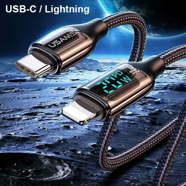 USAMS U78 USB-C auf Lightning LED 1.2m 20W PD Fast Charge geflochtenes Kabel weiß / weiß SJ545USB02 (US-SJ545)