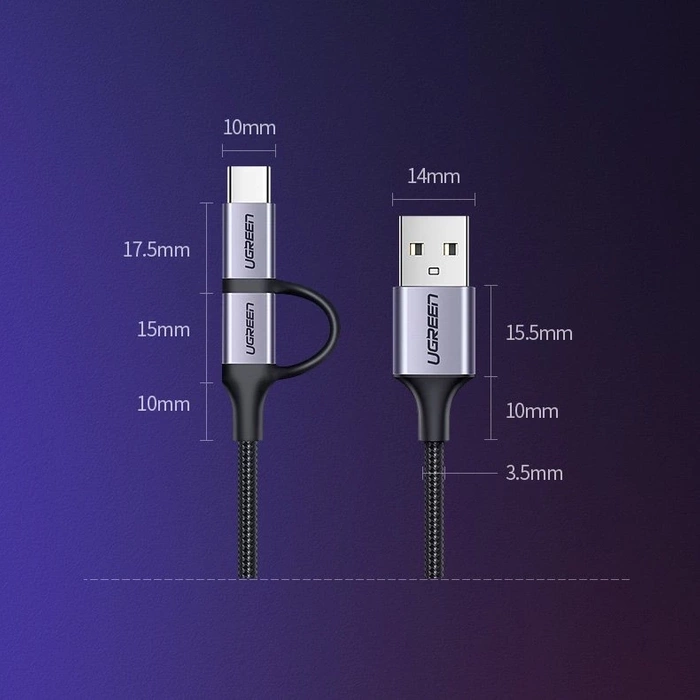 Ugreen Kabel 2in1 USB - Micro USB / USB Type C Kabel 1m 2.4A schwarz (30875)