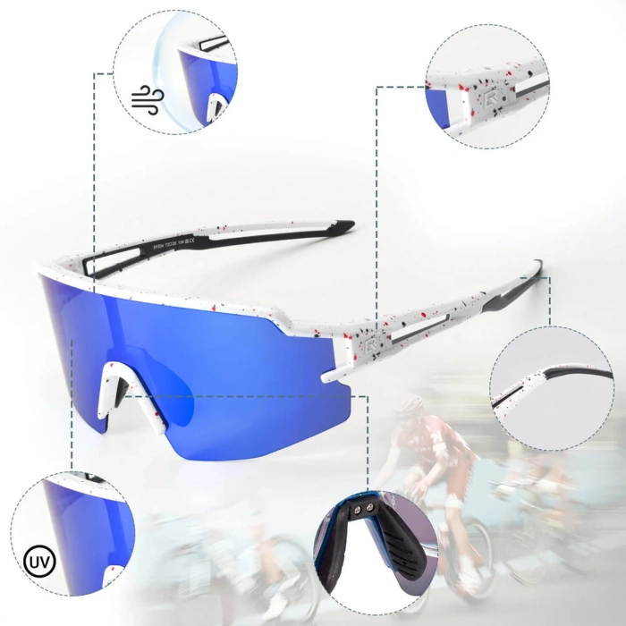 Rockbros Polarisierte Fahrradbrille mit UV-Schutz und Korrektureinsatz, blaue Gläser, Weiß