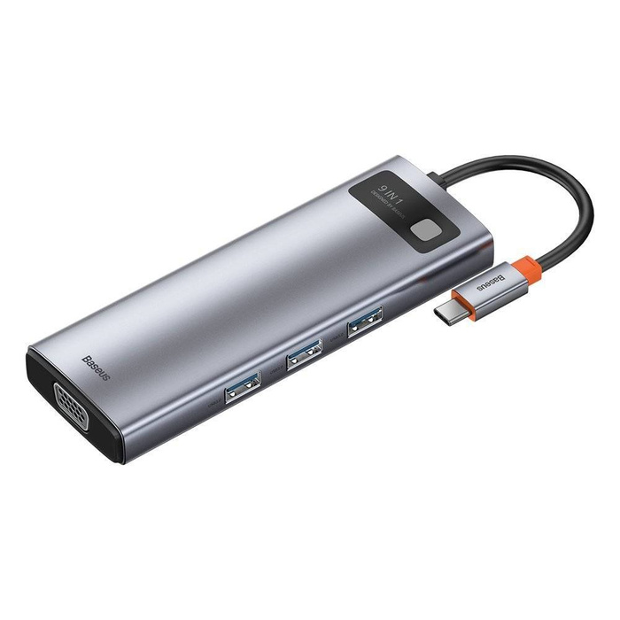Baseus Metal Gleam 9in1 multifunctional HUB USB Type C - 3x USB 3.2 Gen 1 5Gbps / USB Type C PD 100W / VGA Full HD 60Hz / HDMI 4K 30Hz / czytnik kart TF i SD / RJ45 1Gbps gray (CAHUB-CU0G)