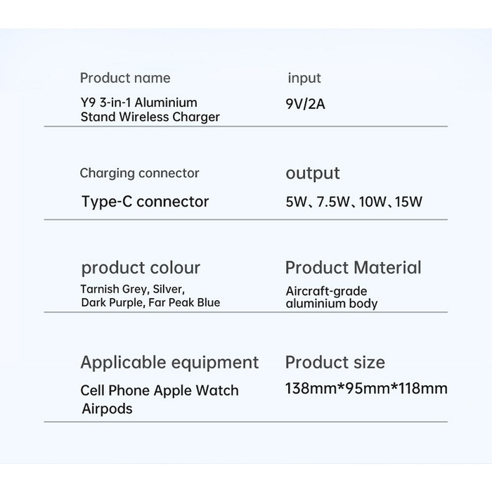 VEGER ładowarka indukcyjna 3w1 Qi 20W Y9 szara