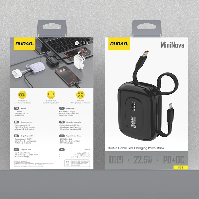 Powerbank Dudao K32 22,5W 10000 mAh z wbudowanym kablem USB-C/Lightning - czarny