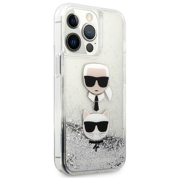 Pouzdro KARL LAGERFELD Apple iPhone 13 13 Pro Liquid Glitter Karl &amp; Choupette Head Silver Hardcase