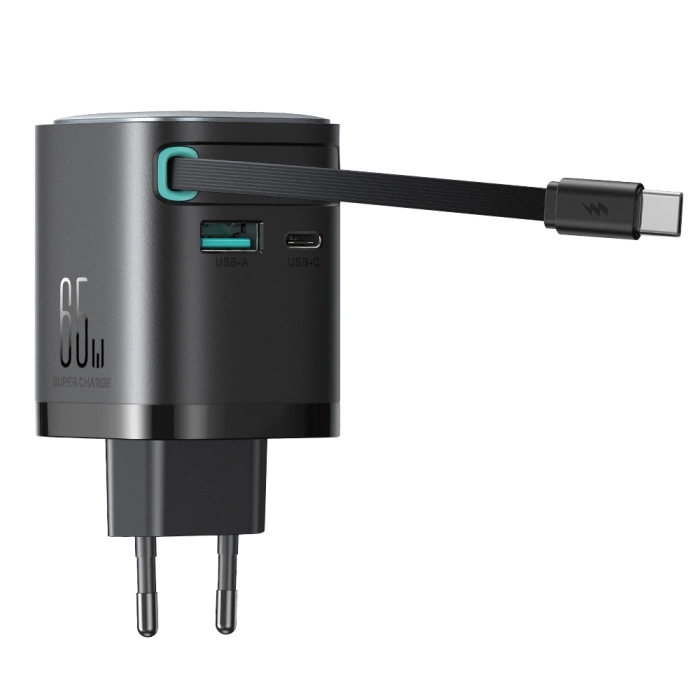 Joyroom JR-TCL02 65W USB-A USB-C GaN charger with built-in USB-C cable - black