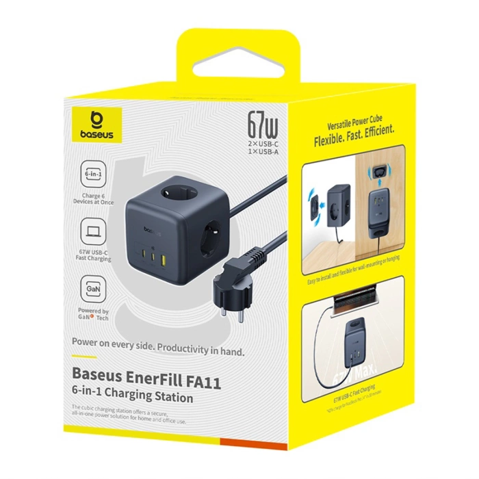Baseus EnerFill FA11 67W Power Strip, USB-A + USB-C Cube + 3 x EU Socket 1.5m - Black