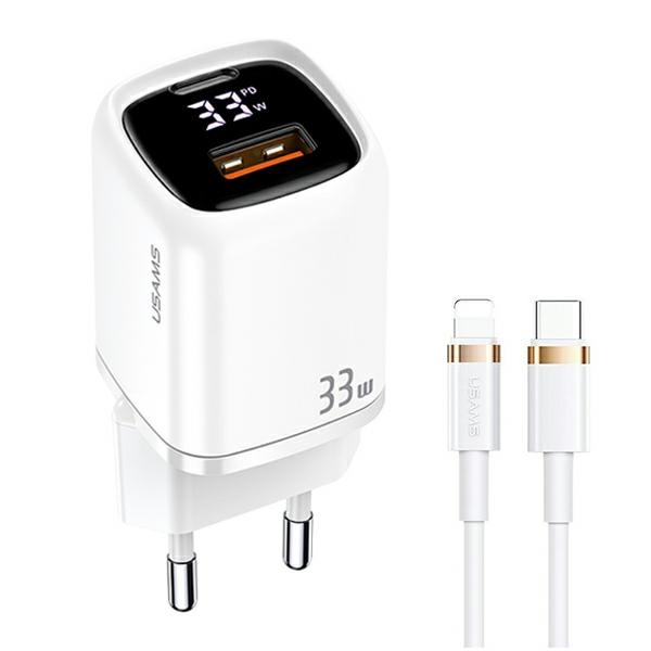 USAMS Network Charging. 1xUSB-C+1xUSB T46 33W PD3.0 +QC3.0 Fast Charging +cable U63 USB-C/Lightning white/white UDTZ02 (USAMS-UD)