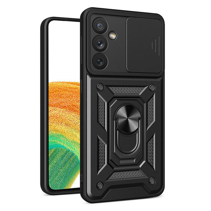 Hybrid Armor Camshield Hülle für Samsung Galaxy A14 gepanzerte Hülle mit Kameraabdeckung schwarz