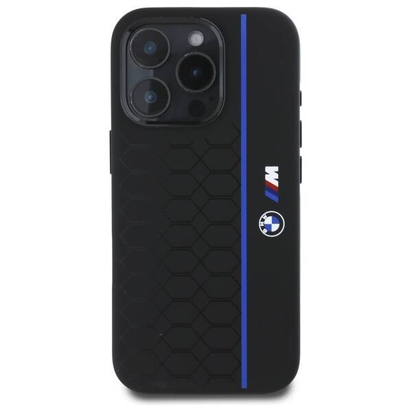 Hülle BMW iPhone 16 Pro Max schwarz/schwarz hartcase Silicone Hexagon Blue Line MagSafe
