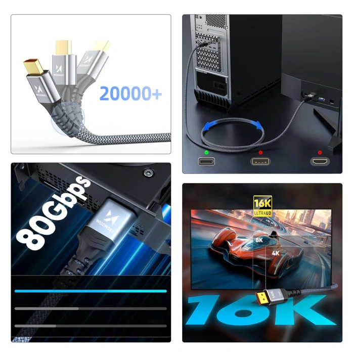 Kabel Wozinsky WPS-16AYL3S DisplayPort 2.1 Certyfikowany VESA 80 Gb/s 16K@60Hz 8K@120Hz 4K@240Hz HDR HDCP DSC 3m - czarny