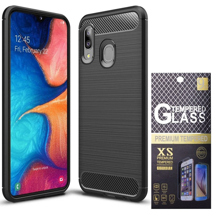 Case Samsung Galaxy A20 Carbon Silicone Cover + Glass