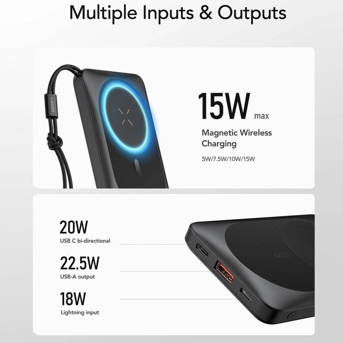 VEGER powerbank 10000 mAh z ładowaniem indukcyjnym kompatybilny z MagSafe PD QC3.0 2A 20W MagOn (VP1151 / W1151) biały