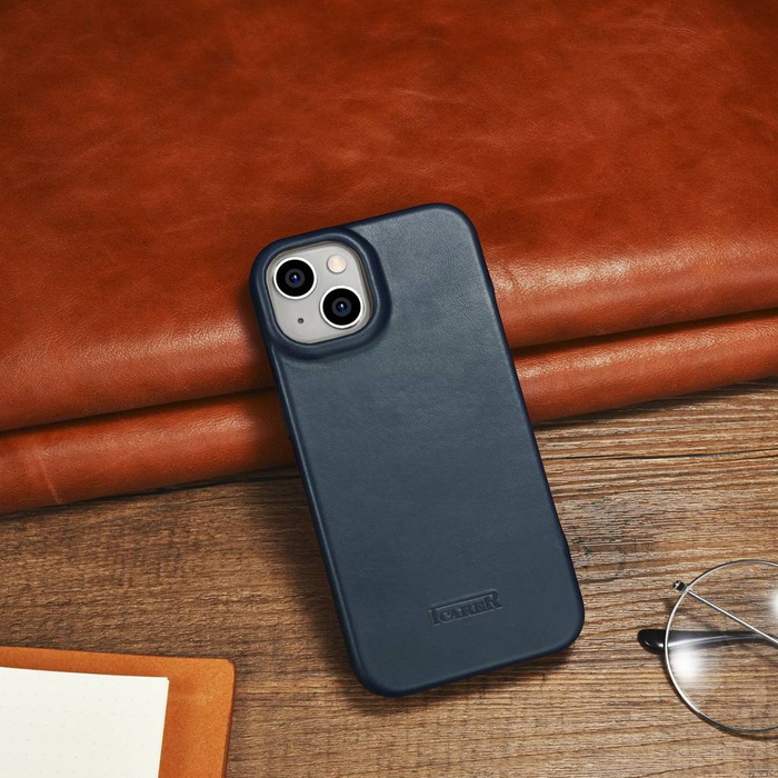 iCarer CE Oil Wax Premium Leather Folio Case Custodia in pelle per iPhone 14 Flip magnetico MagSafe blu (AKI14220705-BU)