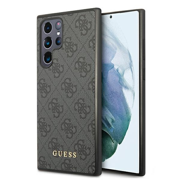 Pouzdro GUESS Samsung Galaxy S22 Ultra 4G kovové zlaté logo šedé pevné pouzdro