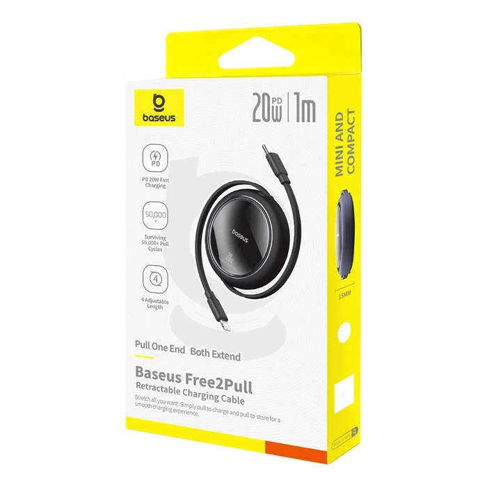 Baseus Free2Pull einziehbares USB-C/ Lightning -Kabel 20 W 1 m – schwarz