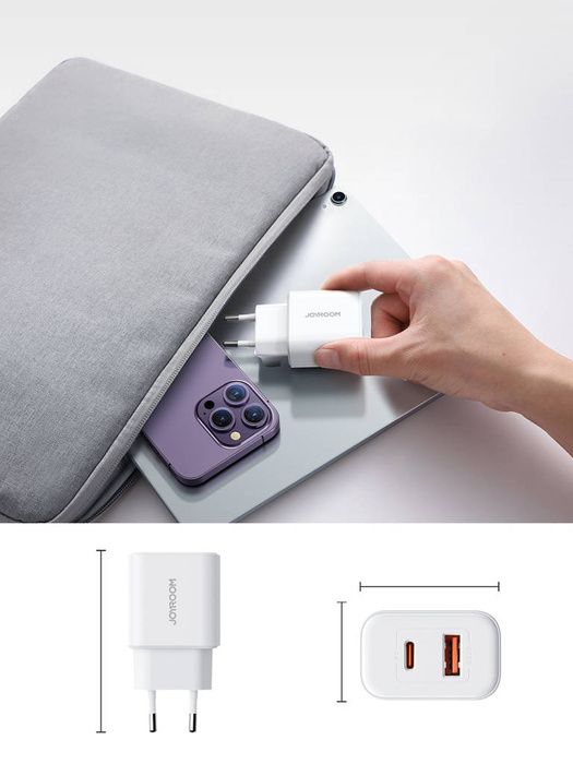 Chargeur Mural Double Port Rapide Joyroom JR-TCF05 20W USB-C / USB-A - Blanc + USB-C - Lightning 1m