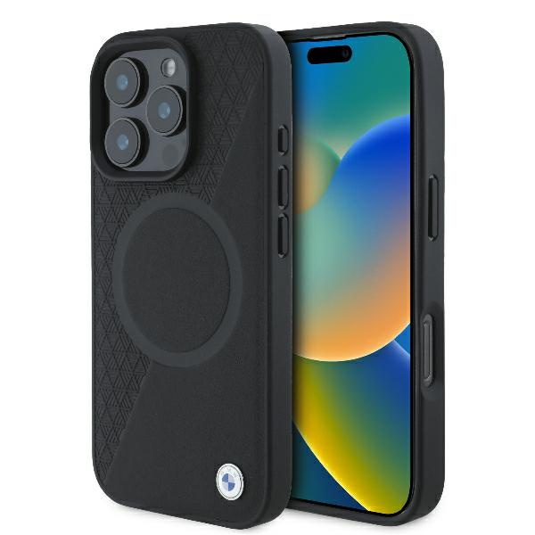 Case BMW iPhone 16 Pro 6.3" black/black hardcase Sign Leather Half Textured And Circle MagSafe