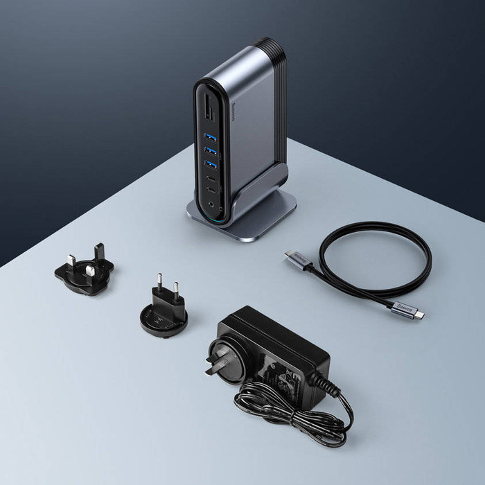 Baseus multifunkčný HUB 3x USB 3.2 Gen 1 / 2x USB Typ C / SD a micro SD / AUX / 2x DisplayPort / 2x HDMI / RJ45 1Gbps Napájanie 100 W (zástrčky EÚ / CN / UK) sivá (CAHUB-DG0G)
