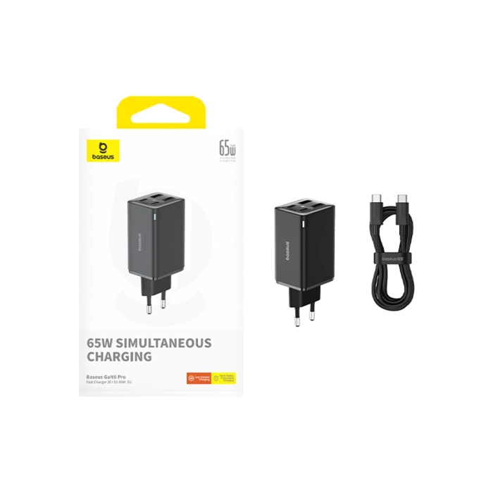 Baseus GaN6 Pro Charger 65W 2 x USB-C 2 x USB-A with Black USB-C Cable 100W 1m - Black
