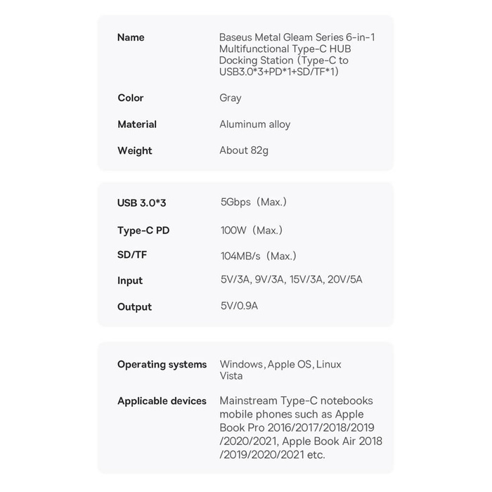 Baseus Metal Gleam Series 6 en 1 HUB Docking Station USB Tipo C - 3 x USB 3.2 Gen.1 / 1 x Power Delivery / 1 x Lector de tarjetas SD / 1 x Lector de tarjetas TF Gris (WKWG030213)