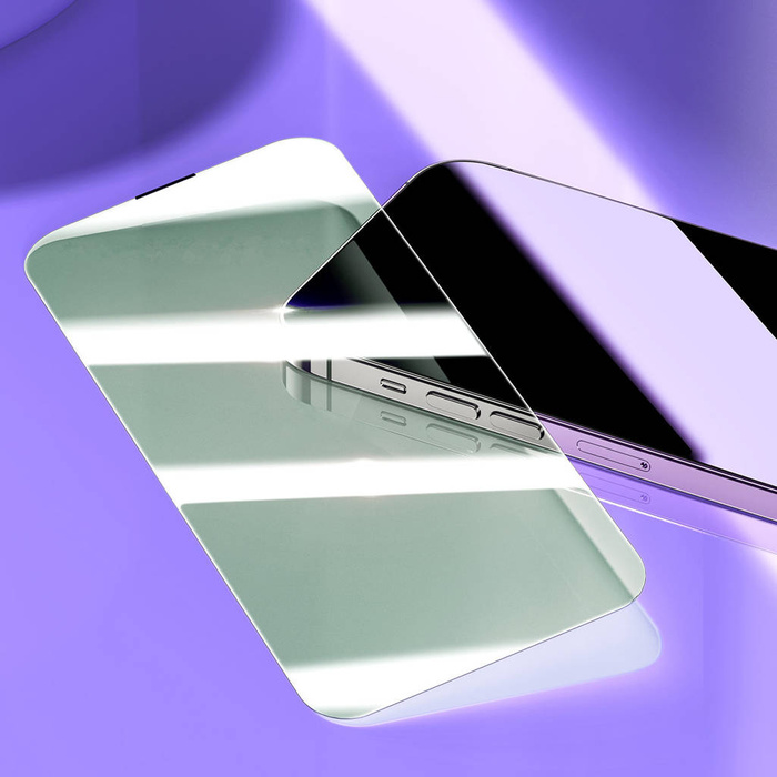 Cristal templado de pantalla completa Baseus para iPhone 14 Pro con filtro anti luz azul y cubierta de altavoz de 0,3 mm + marco de montaje