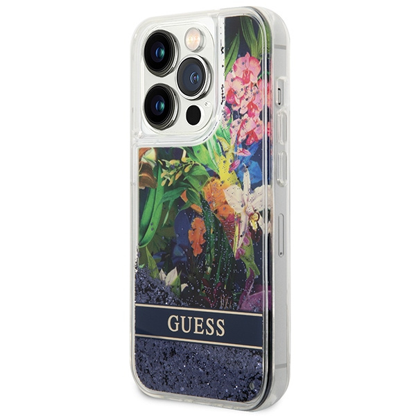 Case GUESS Apple iPhone 14 Pro Flower Liquid Glitter Blue Hardcase
