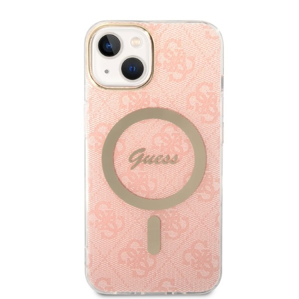 Kit Funda Guess Case+ Cargador iPhone 14 Plus 6.7" rosa/rosa duro case 4G Print MagSafe