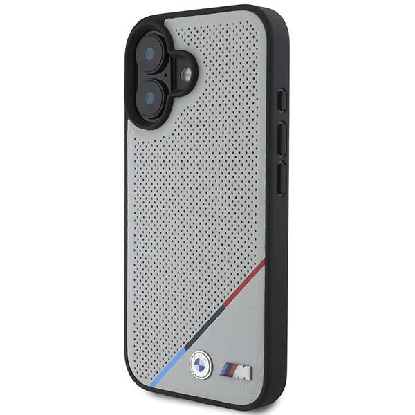 Case BMW iPhone 16 6.1" grey/grey hardcase M Perforated Tricolor Line MagSafe