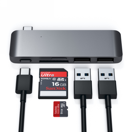Satechi Type-C USB Passthrough Hub - aluminiowy Hub do urządzeń mobilnych USB-C (USB-C 60W, 2x USB-A, czytnik kart micro/SD) (space gray)