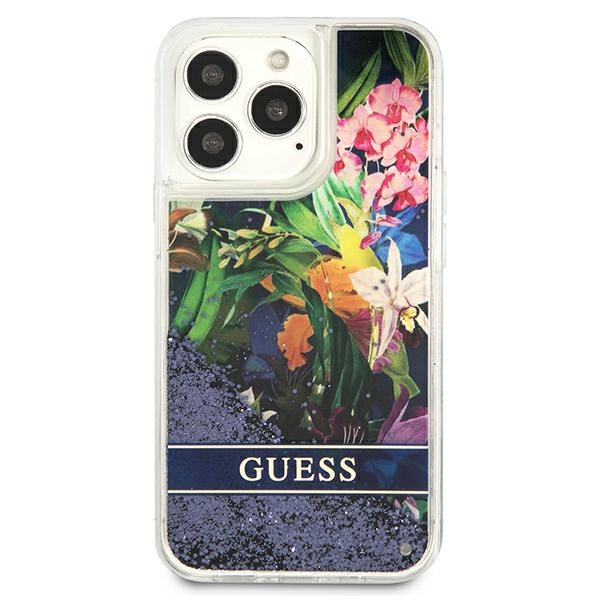 Hülle GUESS Apple iPhone 13 13 Pro Flower Liquid Glitter Blau Hartcase