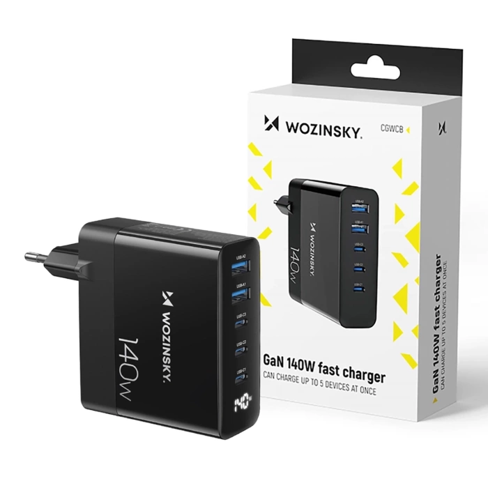 Chargeur mural Wozinsky CGWCB 140W GaN 3 x USB-C / 2 x USB-A - noir