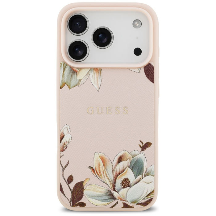Etui Guess Grained Flowers Classic Logo  MagSafe do iPhone 17 Pro Max różowy